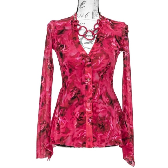 FUZZI Jean Paul Gaultier Red and Pink Floral V Neck Top - Picture 1 of 9